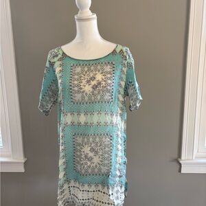 Johnny Was Teal and Cream Patterned Top